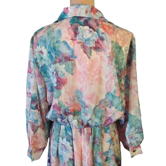 VTG 80s Colorful Floral Satin Long Sleeve Midi Dress Size 16P *fits like Medium - Picture 11 of 13